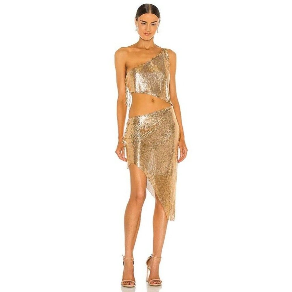 Bronx and Banco Xenia One Shoulder Dress Gold Metal Sexy
